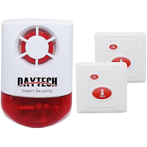 Daytech Remote Emergency Strobe Siren Alarm Kit Waterproof Outdoor Loud Panic Sos Warning System for Business Home Shop Hotel School 800ft 1 Red Flashing Siren+ 2 Call Buttons Cover
