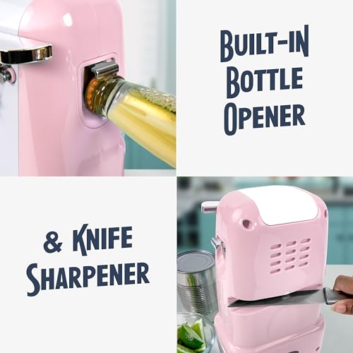 Image of Nostalgia Retro Electric Can Opener for Kitchen with Magnetic Lid Remover, Knife Sharpener, and Soda or Beer Bottle Opener, Pink