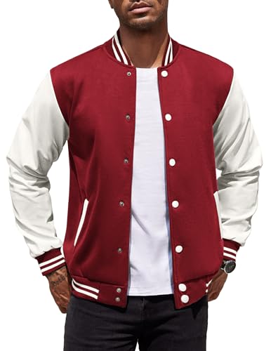 COOFANDY Mens Baseball Varsity Jacket Snap Closure Varsity Letterman Jacket Basketball Jackets Burgundy XX-Large