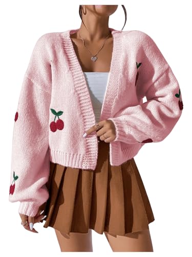 Image of GORGLITTER Women's Cherry Cropped Cardigan Sweaters Open Front Long Sleeve Cute Chunky Knit Short Cardigan Trendy