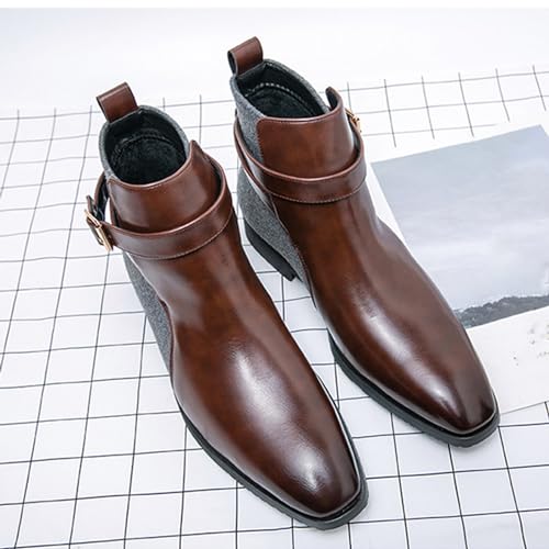 Men's Pointed Toe Slip on Chelsea Boots,Classic Leather Stitching Adjustment Buckle Retro High-top Dress Shoes Ankle Boots4