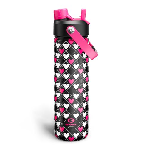 Image of ENCOOL Insulated Water Bottle with Straw Stainless Steel Water Bottle, Leak-Proof, BPA-Free, Keeps Cold for 24 Hours for Sports, Travel, School (26 oz,Bold Hearts Valentine x Black)