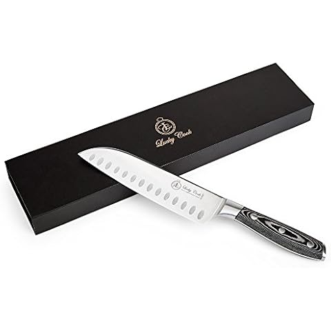 Lucky Cook Professional Santoku Knife 8 inch – Best Knife for Chopping, Slicing & Cutting - Very Sharp Carbon Steel Blade and Ergonomic Riveted Non Slip Micarta Handle - Stylish Gift Box Cover