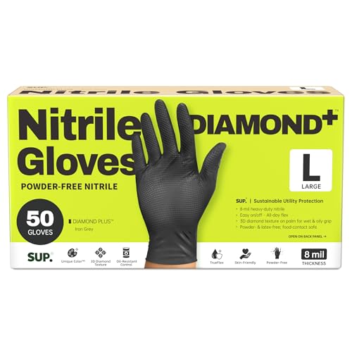 SUPER+ HEAVY DUTY Nitrile Gloves 8 Mil Diamond Texture Disposable Chemical Resistant Powder &Latex Free Food Safe Black 50 Ct (Large)