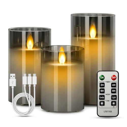 Image of LTETTES Real Wax LED Glass Pillar Flameless Rechargeable Candles | Grey Glass | USB Type-C Charging Cable | Remote Control Included | Home Decor & Gifting | Set of 3 (H-4 inch,5 inch,6 inch x D-3 inch)