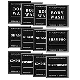 12 Minimalist Bathroom Organization Labels for Shampoo Conditioner Body Wash, Preprinted Waterproof Soap Dispenser Label Stickers for Glass/Plastic Bottles (Black,3inch*3inch)