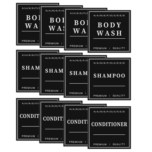 12 Minimalist Bathroom Organization Labels for Shampoo Conditioner Body Wash, Preprinted Waterproof Soap Dispenser Label Stickers for Glass/Plastic Bottles (Black,3inch*3inch)
