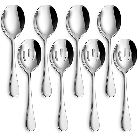 Hiware 8-Piece Serving Spoons Set - Includes 4 Serving Spoons and 4 Slotted Spoons, 18/8 Stainless Steel Buffet Serving Utensils - Mirror Polished, Dishwasher Safe, 8.6-Inch Cover