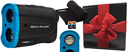 Shot Scope PRO L1 (Blue) Golf Laser Rangefinder Gift Box Bundle | with PlayBetter Microfiber Cleaning Towel (Black) and Extra CR2 Battery | Target-Lock Vibration, 6X Magnification | Slope Rangefinder