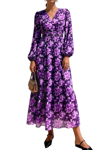 PRETTYGARDEN Long Sleeve Maxi Fall Dresses for Women 2025 Vneck Smocked Boho Floral Tiered Swing Flowy Wedding Guest Dress (Floral Purple,X-Large)