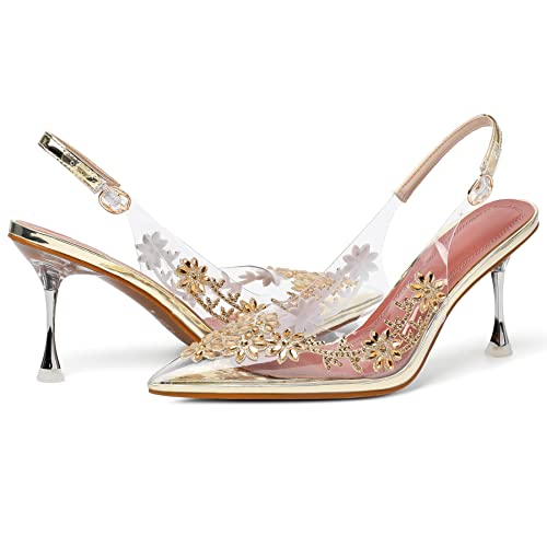 Image of AUMOTED Women's Clear Mule Sandals Pointed Toe Slingback Heels Rhinestone Heels Pumps Wedding Shoes