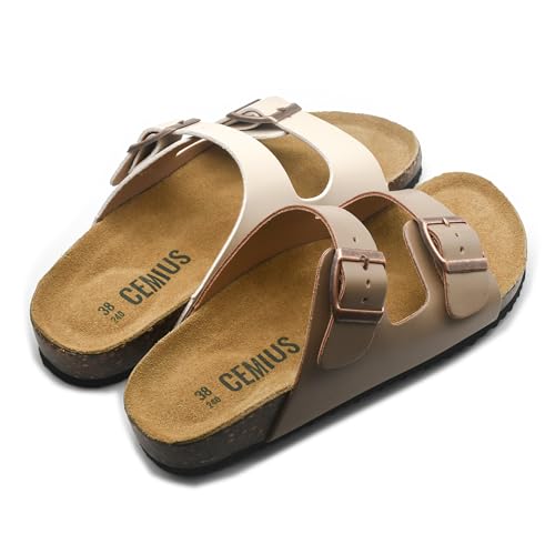Image of Genuine Leather Cork Footbed Sandals with Arch Support Women Men's Flat Slip Slippers with Adjustable Double Buckle Beach Sandal Memory Foam Slides Open Toe Slipper for Summer Vacation