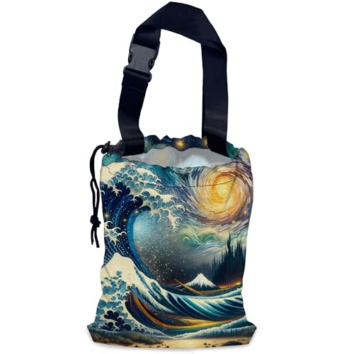 Image of Sea Wave Car Trash Bag,Night Starry Sky Hanging Drawstring Car Garbage Bag,Waterproof Canvas Car Back Seat Organizer with Adjustable Buckle,for Vehicles,SUVs,Camping,Road Trips