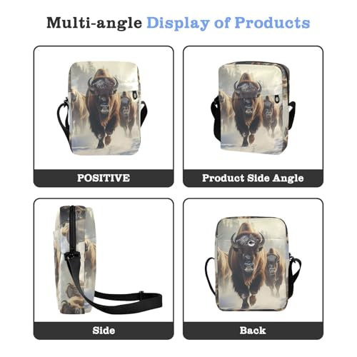 Crossbody Sling Bag for Women Men, Zipper Closure Messenger Bags Bison Herd Print with Card Phone Passport Compartment 6.6×9.4×2.5 IN4