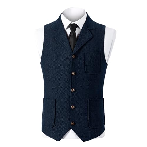 Men's Retro Textured Suit Vests Casual Slim Fit Single-Breasted Notched Lapel Waistcoat Business Formal Dress Vest