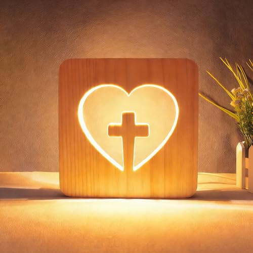 Heart Cross Night Light Jesus 3D Wooden Bedside Lamp Ambient Lighting