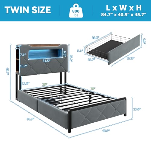 Image of Jocoevol Twin Upholstered LED Bed Frame with 2 Storage Drawers and 2-Tier Storage Bookcase Headboard, Velvet Platform Bed for Kids /Girls /Boys, Heavy Duty Metal Support, No Box Spring Needed, Grey