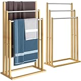 CASARIA® Set de 2 Toalleros de Pie Madera de Bambú 3 Barras de Acero Inoxidable 84x46x24cm Sin Taladrar