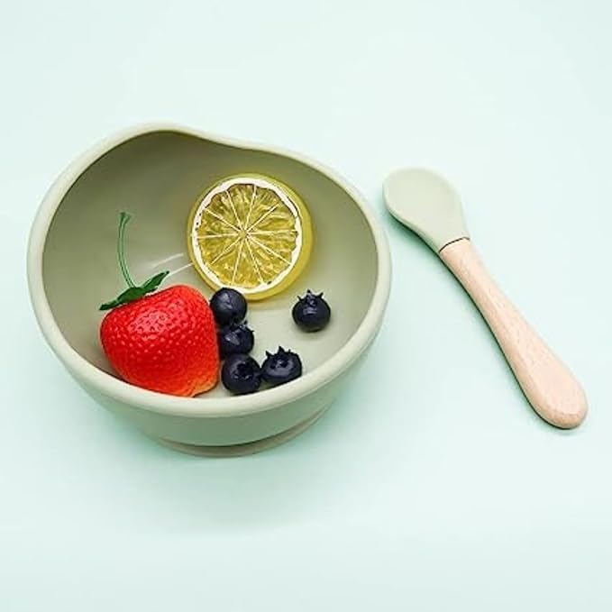 Image of Baby Feeding Bowl & Spoon Set | Silicone Suction Bowl for Baby Food | BPA-Free Baby Bowl and Spoon Set | (Green)