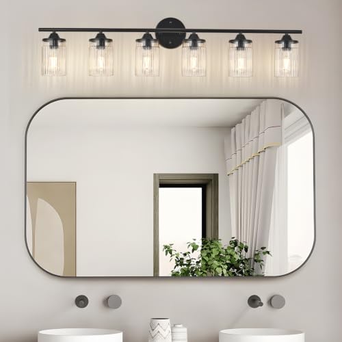Image of Jonsi Bkack Bathroom Light Fixtures 6-Light Vanity Lights Modern Wall Sconce with Clear Glass Shade Bathroom Light Fixture Over Mirror for Bedroom Hallway Kitchen