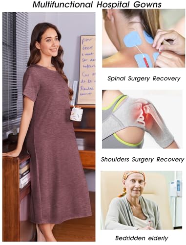 Deyeek Hospital Gowns for Women Labor Delivery Shoulder Surgery Dress Adaptive Clothing Night Robes for Elderly Plus Size Dark Red