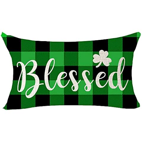 NIDITW St Patrick's Day Throw Pillow Cover Shamrock Clovers Blessed Green Buffalo Check Plaid Lumbar Cotton Linen Cushion Case Sofa Decor Waist 12x20 Inches (Green Buffalo Plaid) Cover