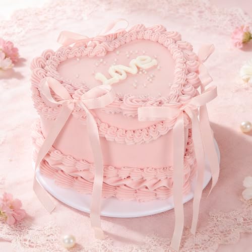 YEXEXINM 7 in Pink Bow Fake Cake Heart Shaped Artificial Birthday Cake with Pearls and Love Word Faux Bakery Display Cake Model for Wedding Party Decoration Photography Props Shop Window Display