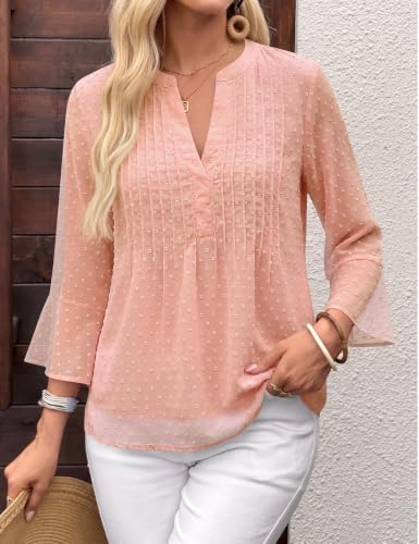 AIMCOO Blouses for Women Dressy Casual V Neck Tunic Flowy 3/4 Bell Sleeve Tops for Women Summer Chiffon Double Layer Top Loose Fitt Office Shirt Pink Medium - image 6