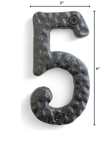 Image of NACH House Numbers for Outside, 4 inch Black Address Numbers for House - Number 5 - Rustic Numbers for Outside with Mounting Hardware
