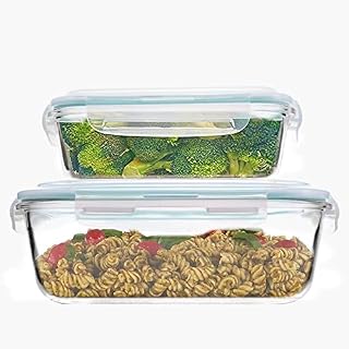 Luvan 2.26+1.05L,2-Pack Large Glass Food Storage Containers with Lids,Glass Meal Prep Containers/Bento Boxes/Lunch Containers with 4 Locking Tabs,Microwave,Oven,Freezer and Dishwasher Safe