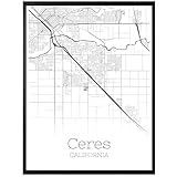 GroovyGrove Ceres California Map Poster Wall Art, United States City Map Wall Art Prints, Modern Black and White Map Wall Art Decor for Home Office, Bedroom, Living Room (Unframed)