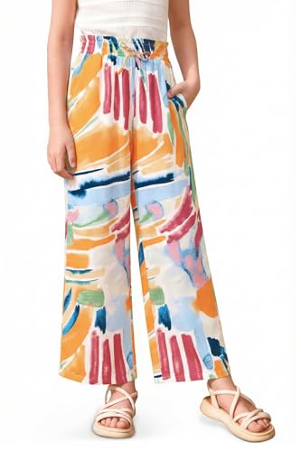 Image of Girls Summer Floral Wide Leg Pants High Waisted Flowy Dress Trousers with Pockets for School Lounge Beach 5-14 Years
