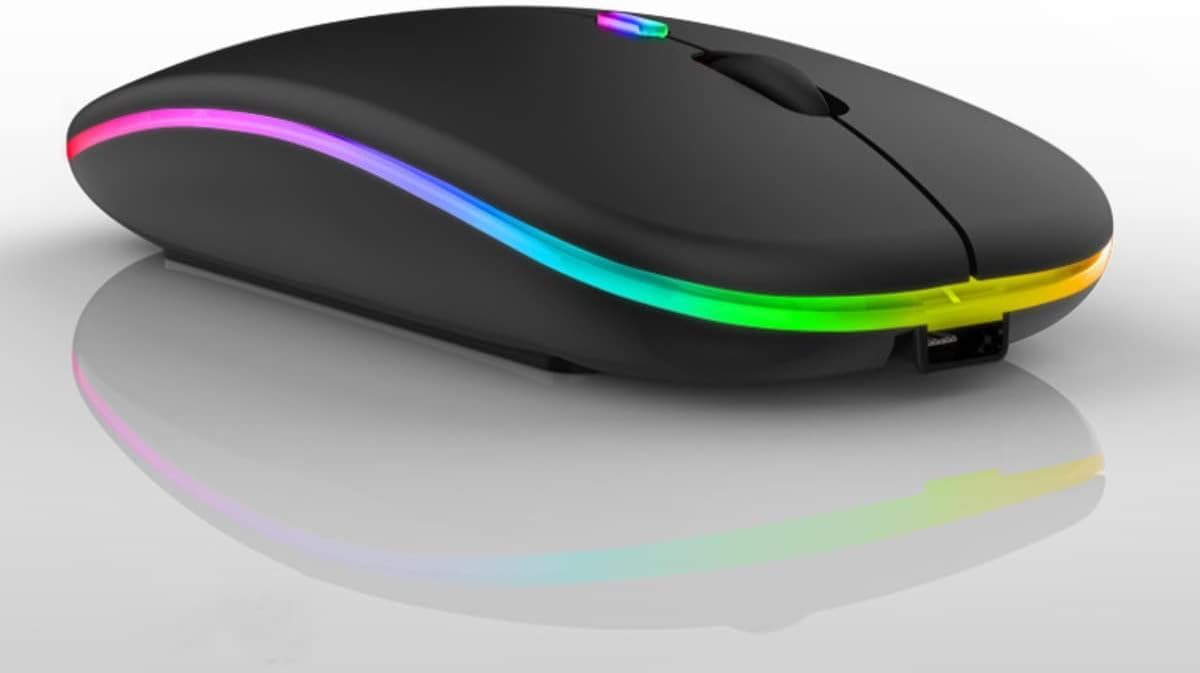 Mouse Sem Fio Recarregável Óptico Wireless Led Rgb Colorido Ergonômico Usb 2.4 Ghz para Notebook Computador Pc Desktop TV Smart (Preto)