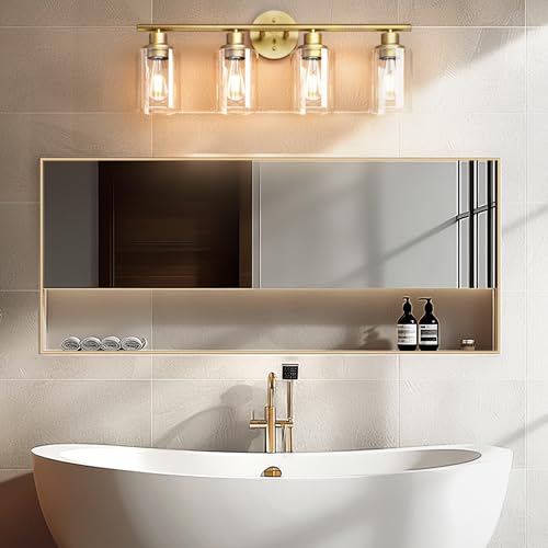 Image of Brush Gold Bathroom Vanity Light - 4-Light Bathroom Light Fixtures with Clear Glass Shades, UL Certification & E26 Base, Gold Vanity Light for Bathroom
