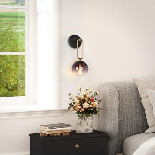 Image of KSANA Black Gold Wall Sconce, Modern Wall Mounted Lanterns Black and Electroplated Brass Sconce Lighting with Colored Globe Glass Shade for Living Room Mirror Hallway Kitchen