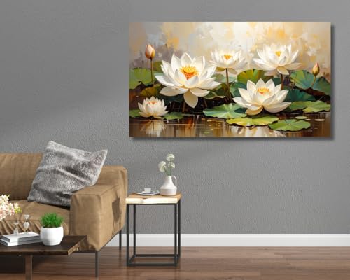 Image of KunjCart White Lotus Wall Painting Big Size (FRAMED & UNFRAMED OPTIONS )- Artistic Lotus Painting for Wall Vastu Landscape, Lotus Flower Painting for Living Room, Bedroom & Home, Luxury Lotus Canvas Painting