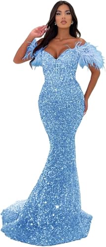 Image of Sequin Feathers Mermaid Prom Dresses 2026 Off Shoulder Sparkly Long Formal Evening Party Gowns with Train