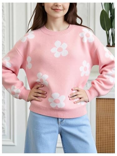 Image of BEAUDRM Girl's Cute Bow Sweater Crew Neck Long Sleeve Drop Shoulder Loose Pullover Tops