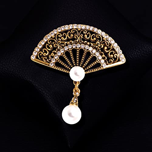 Image of Pearl Fan Brooch Chinese Fan Brooch Rhinestone Pearl Brooch for Women Lady Girl