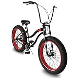 MICARGI SLUGO-SS Fat Tire Cruiser Bike for Mens & Women, Chopper Stretch Bike with Hi-Ten Steel Frame 7-Speed DISC Brake, Complete Cruiser Bicycle for Adults (BK/RED)