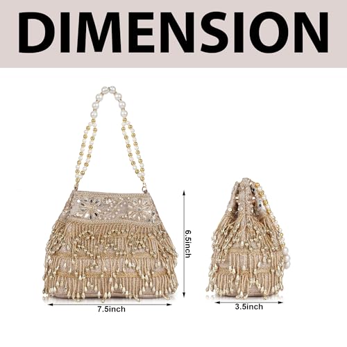 Image of Nevis PU Silk Women's Pearl & Bead Embellished Potli Bag with Beaded Handle | Designe Wedding & Festive Handbag