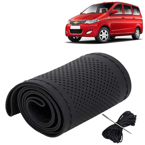 Image of KINGSWAY PU Leatherite Car Steering Cover Sewable Compatible with Chevrolet Enjoy (Year 2013-2017), Black Color with Black Thread, Pack of 1 with Sewing Needle and Thread