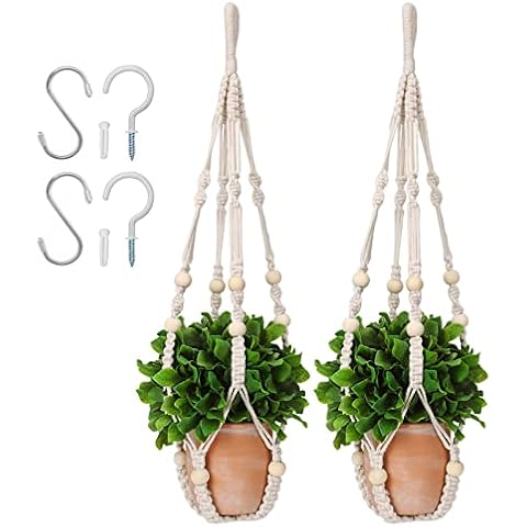 mivofo Macrame Plant Hanger 35", Set of 2 No Tassel Hanging Plant Holder, Sturdy Flower Pot Holder with 4 Hooks - Ivory Cover