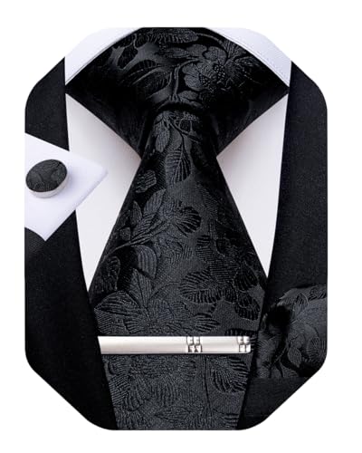 Image of DiBanGu Silk Floral Ties for Men Woven Paisley Necktie and Tie Clip Handkerchief Cufflinks Set for Party Wedding