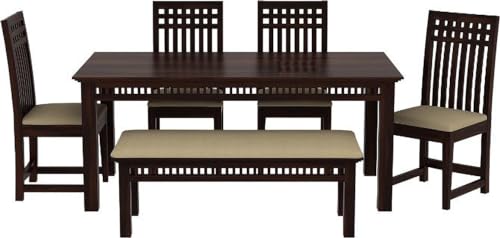 Image of Sheesham Wood 6 Seater Dining Table with 4 Cushioned High Back Chairs and 1 Bench for Living Room Home Wooden Dining Room Sets for Dinner Rooms (Mahoghany Finish)