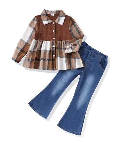 Image of SODLON Kids Toddler Girl Clothes Winter Outfits Shirt Top Bell Bottom Jeans Denim Pants Set Little Girl Fall Spring Clothing
