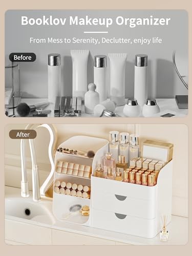 Image of Booklov Small Makeup Organizer for Vanity and Bathroom Countertop, White | Plastic Cosmetic Display Case with Drawers, Beauty Brush Holder for Dresser Counter, Storage Skin Care Eyeshadow Lipstick