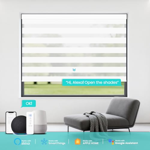 Image of Motorized Blinds with Remote Control 95% Blackout Electric Zebra Blinds for Windows Compatible with Alexa Google for Home Office White,35 inch x 72 inch