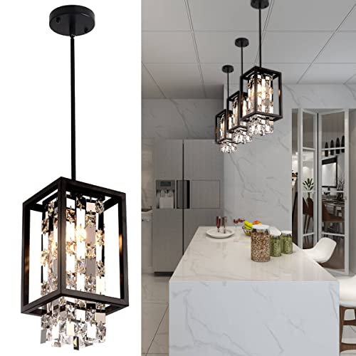 Best Deal Product BEIRIO Modern K9 Crystal Pendant Lighting with 2-Lights LED Bulbs and Black Rectangle Metal Shade Adjustable Island Light for Restaurant Kitchen Table Bedroom Living Room Dining Room(6.7×13.4 inch)