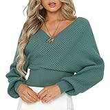 ZAFUL Women's V Neck Crop Knitted Sweater Long Sleeve Drop Shoulder Ribbed Jumper Pullover Solid Tops